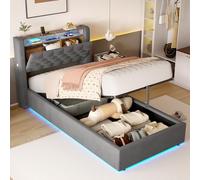 MODENVIE Pack Cama Individual 90x200 con Colchón Incluido, Canapé Abatible Hidráulico, LED-Bett con USB y Cabecero con Estante y Almacenamiento Secreto, Gris