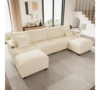 MODENVIE Sofá en forma de U con soporte para teléfono móvil y puerto de carga,Grupo de asientos,Sofá de esquina con función de sueño,Sofá modular con dos reposacabezas y cuatro almohadas,Beige