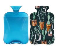 Modern Art Botella de agua caliente con funda esponjosa, bolsa de agua caliente de gran capacidad de 2 litros, bolsa de agua para botellas de cactus para noches acogedoras, alivio del dolor,