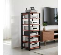 Modern Audio Stand HiFi Rack with Movable Record Player Shelf and Game Console Storage Cabinet 7 Tier Media Storage Unit with Brake Wheels(Red)