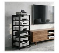 Modern Audio Stand HiFi Rack with Movable Record Player Shelf and Game Console Storage Cabinet 7 Tier Media Storage Unit with Brake Wheels(Negro)