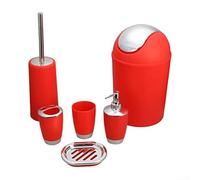 Modern Bathroom Essentials - Juego de 6 piezas con soporte para cepillo de dientes, jabonera y cubo de basura para un aspecto organizado (rojo)