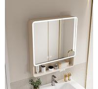 Modern Bathroom Medicine Cabinet with LED Lights Anti Fog Wall Mirror with Storage Shelf Stylish Vanity Beige 31.4in/80cm Perfect for Small Spaces