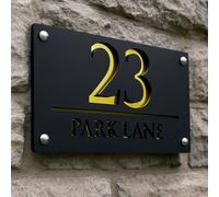 Modern Black and Gold Acrylic House Number Sign - Personalized Floating Door Plaque with Street Name, 3D Cut-Out Design, Waterproof Outdoor Address Plate with Mirror Gold Backing and Screws