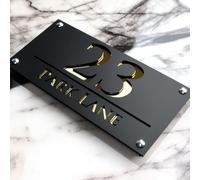 Modern Black and Gold Acrylic House Number Sign - Personalized Floating Door Plaque with Street Name, 3D Cut-Out Design, Waterproof Outdoor Address Plate, Contemporary Home Decor