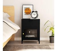 Modern Black Nightstand with Steel Frame & Tempered Glass Top, 40x30x54.5 cm Bedside Table with Smooth Gliding Drawer, Sturdy & Easy to Clean, Perfect for Bedroom or Living Room Decor