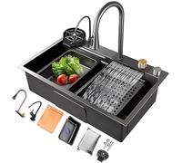 Modern Black Stainless Steel Workstation Sink 80x45x20cm with Pull-Down Faucet Glass R Basket & Accessories - Sleek Single Bowl Kitchen Sink Cascade Design for Efficient Cooking.