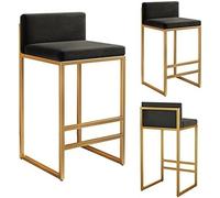 Modern Black Velvet Counter Height Bar Stools Set with Backrest Footrest y Gold Legs Set of 3 75cm Square Low Back Dining Barstools for Kitchen Island Home