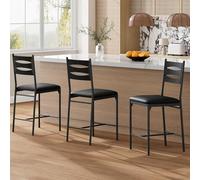 Modern Comfort Counter Height Bar Stools - Upholstered Dining Chairs with Wooden Back, Thick Padded Seat, Metal Frame, Ergonomic Footrest - Kitchen Island & Dining Room - Black Wood Grain, 2-Pack