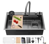 Modern Dark Grey Stainless Steel Kitchen Sink Workstation 66x50 cm Single Basin with Pull out Faucet Chopping Board & Accessories Stylish Kitchens