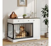 Modern Farmhouse Dog Crate Furniture - 47" Indoor Wooden Kennel End Table with Double Doors, 2 Drawers, Storage Cabinet - Multi-Functional TV Stand & Side Table for Small/Medium Dogs - NPTT-120