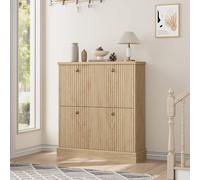 Modern Fluted Shoe Cabinet - 2 Turn Over Drawers, Adjustable Shelves, Space-Saving Freestanding Entryway Shoe Storage Organizer for Hallway or Living Room, Wooden Furniture - Color: Natural Oak