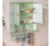 Modern Glass Doors Cabinet 60CM Two-Door Wall Cabinet Featuring Two-Tier Enclosed Storage, an Open Shelf and Towel Rack, for Entryway Living Room Bathroom Dining Room, Green