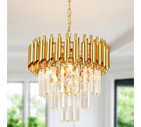 Modern Led Crystal Pendant Light Golden Crystal Chandelier Lights 3-Tier Raindrop Chandelier Light Fixture Flush Mount Ceiling Light for Dining Room Living Room Table Foyer,D40cm E12x4 LED lights