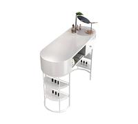 Modern Nail Tech Station- Mesa de manicura profesional con cajones de almacenamiento y estantes abiertos, parte superior de cristal y escritorio de madera, ideal para salones de uñas y oficinas