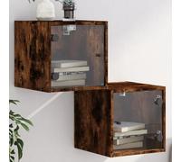 Modern Night Stands with Glass Doors 2 Pack Smoked Oak 35x37x35 cm Wall Mounted Bedside Tables with Storage Shelf for Living Room Bedroom