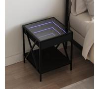 Modern Nightstand with Infinity LED Mirror, Black 40x40x49cm, Industrial Style Bedside Table with RGB Lights, USB Powered, Engineered Wood & Metal for Bedroom Decor