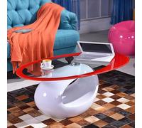 Modern Oval Glass Coffee Table with Tempered Glass Top and High Gloss Hollow Storage Shelf Base Stylish Center Table for Living Room Bedroom and Office Easy to Clean and Contemporary Design.
