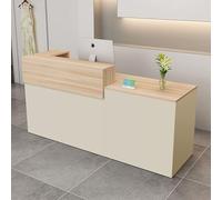 Modern Reception Desk,Computer Workstation,with Drawers and Open Shelves,Suitable for Salons, Offices, Lobbies, Retail Stores, and Home Offices(Wood Color+Beige/Right,63" W)