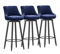 Modern Velvet Bar Stool Set o 3Swivel Bar Chairs with Upholstered Backrest and Black Metal Footrest for Kitchen Island/Dining Room Blue 65cm