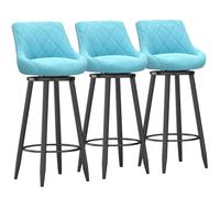 Modern Velvet Bar Stool Set o 3Swivel Upholstered Bar Chairs with Backrest & Black Metal Footrest for Kitchen Island/Dining Room Light Blue 75cm