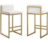 Modern Velvet Counter Height Bar Stools Set with Back Footrest and Low Square Back Design White/Gold Legs 65cm 2 Pieces