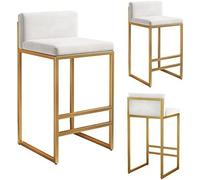 Modern Velvet Counter Height Bar Stools Set with Backrest and Footrest Low Back Design White Gold Leg Kitchen Island Barstools 65cm Set of 3