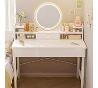 Modern White Vanity Desk with Mirror Lights and Drawers 3 Lighting Modos Multi Layer Storage for Bedroom Makeup Vanity Large Storage Space (100 cm)