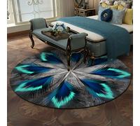 Moderna alfombra redonda turquesa de 160 cm, suave, lavable, patrón de plumas decorativas para sala de estar, dormitorio, decoración del hogar, elegante pieza de acento negro, gris, azul y verde
