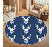 Moderna Alfombras Redondas Pelo Corto 120cm Estampado de Cabeza de Reno Blanco Franela Suave Alfombra Círculo Salón Dormitorio Marina de Guerra Alfombra Antideslizante Lavable en Lavadora