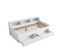 Moderna cama de día con cajones y estante integrado, cama individual, madera maciza y MDF, espacio de almacenamiento con 2 cajones grandes y compartimentos laterales, para dormitorio o habitación de