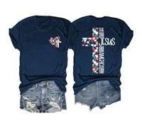 Moderna camiseta de manga corta con estampado floral para mujer para fiesta de día | Top con cuello redondo para festival, marine, L