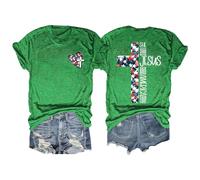 Moderna camiseta de manga corta con estampado floral para mujer para fiesta de día | Top con cuello redondo para festival, verde, L