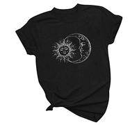 Moderna camiseta para mujer con manga corta, estampado moderno para camisetas informales en colores sólidos, Negro , 3XL