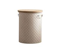 Moderna Contenedores de almacenamiento rústicos, mesa auxiliar de granja, mesa auxiliar de metal, taburete pequeño for mesa de centro, asiento otomano con tapa de madera redonda, 15,3x19,3 pulgadas Mu