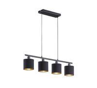 Moderna lámpara colgante LED con 4 focos de metal negro mate con pantallas de tela en negro interior dorado