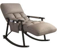 Moderna mecedora para dormitorio, cómoda reclinable interior con bolsillos laterales y reposapiés ajustable, elegante diseño gris y patas negras, perfecta para relajarse.