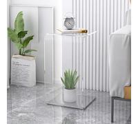 Moderna mesa auxiliar de acrílico en forma de C para dormitorio y sala de estar, elegante mesa auxiliar con acento de piel, 60 cm, perfecta para espacios pequeños y decoración contemporánea