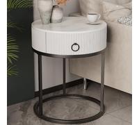 Moderna mesa auxiliar redonda con parte superior de piedra, mesita de noche de 1 cajón para dormitorio o sala de estar, mesa de almacenamiento de 2 estantes para espacios pequeños (50 x 50 x 58 cm