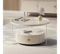 Moderna mesa auxiliar redonda de vidrio templado, elegantes mesas auxiliares apilables para sala de estar y comedor, marco de hierro esencial para la decoración del hogar (blanco, 60 cm)