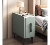 Moderna mesa auxiliar verde con parte superior de mármol con armario de 2 Ders Chic Sto para dormitorio, decoración de piel sintética, patas de metal