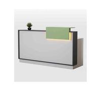 Moderna mesa de caja registradora con cajón con cerradura. Elegante mostrador de recepción rectangular para tiendas, salones, oficinas y vestíbulos. Elegante acabado gris y verde, 120 cm, diseño