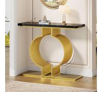 Moderna mesa de centro de alto brillo, pequeña mesa auxiliar para salón, mesa consola, base dorada se puede instalar de dos maneras, 100 x 30 x 80 cm (negro + dorado)