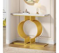 Moderna mesa de centro de alto brillo, pequeña mesa auxiliar para salón, mesa consola, base dorada se puede instalar de dos maneras, 100 x 30 x 80 cm (blanco + dorado)