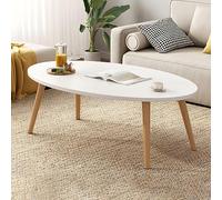 Moderna mesa de centro de madera para salón, 99 x 50 x 43 cm, patas ovaladas de madera, color blanco, ideal para apartamento, balcón, té, cóctel, sofá, diseño contemporáneo.