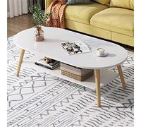 Moderna mesa de centro ovalada con 2 capas de estantería abierta para almacenamiento y exhibición, mesa pequeña de sofá de 2 niveles para sala de estar y oficina en casa, acabado blanco