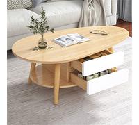 Moderna mesa de centro ovalada de madera de 2 capas con estantes abiertos, 2 cajones para almacenamiento y exhibición, muebles blancos para el hogar, sala de estar, 90 x 50 x 42 cm