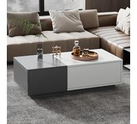 Moderna mesa de centro rectangular gris y blanca, 100 x 50 x 30 cm, con 2 cajones a presión y diseño innovador, soporta hasta 45 kg, mesa baja, mesa auxiliar, mesa de café