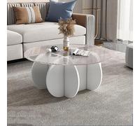 Moderna mesa de centro redonda con base de madera maciza y parte superior de vidrio templado transparente, elegante mesa central para sala de estar y patio, 31 x 16 pulgadas, mesa de café lateral de