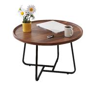 Moderna mesa de centro redonda con marco de metal, parte superior de madera, borde elevado, fácil de montar, elegante mesa decorativa para sala de estar y oficina (nogal, 70 x 46 cm)